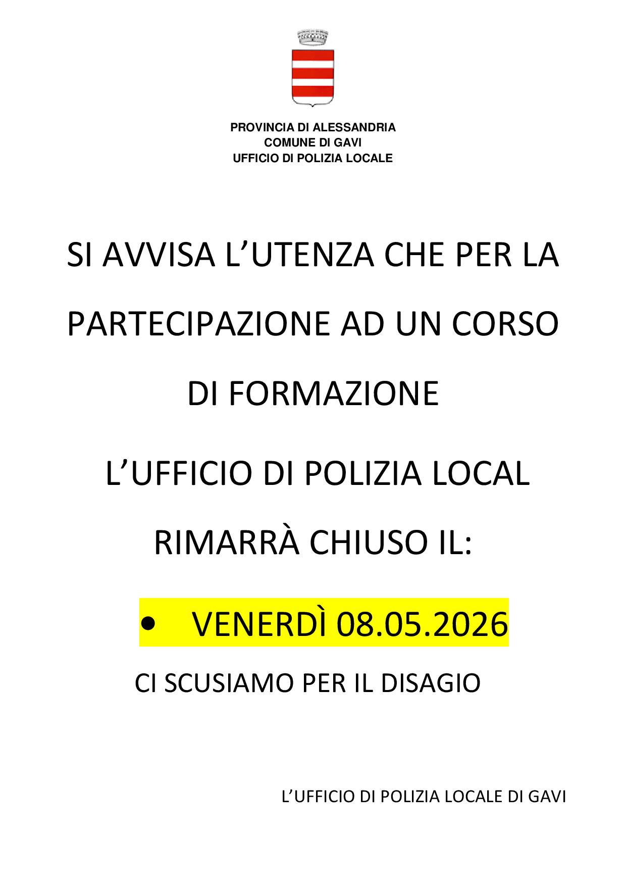 Chiusura Ufficio di Polizia Locale 08.05.2026