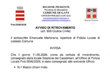 PROT. N.5698 - Affissione all'Albo - Rinvenimento - Mazzo chiavi moto